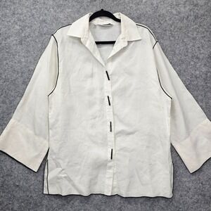 Oversized Linen Tunic Top Women SMALL White Pipe Trim Summer COURTNEY WASHINGTON